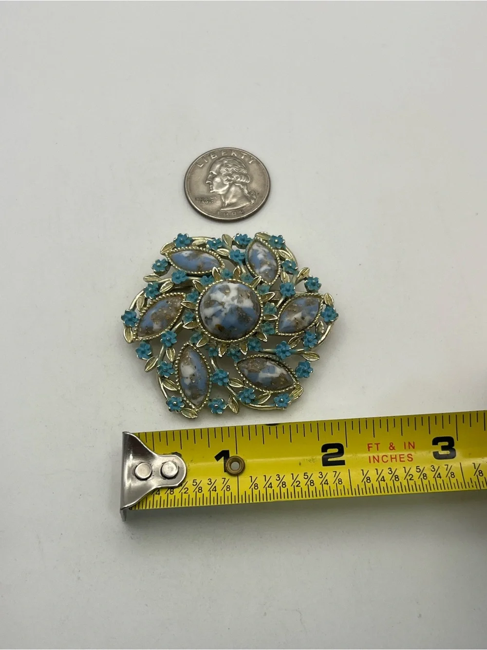 Blue faux stone cabochon painted enamel flower gold tone brooch pin vintage